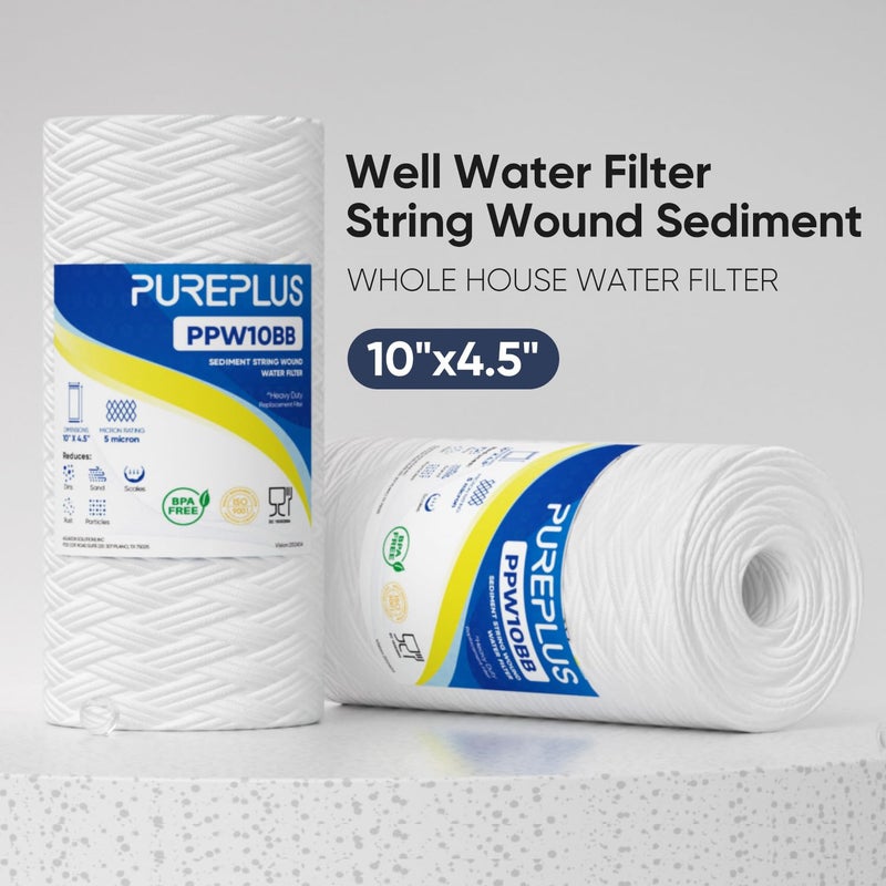 Pure Plus PUREPLUS 5 Micron 10 x 4.5 Whole House String Wound Sediment Filter for Well Water, Replacement Cartridge for 84637, WPX5BB97P, PC10, 355214-45, 355215-45, WP10BB97P, WP5BB97P, 2Pack - Image 2